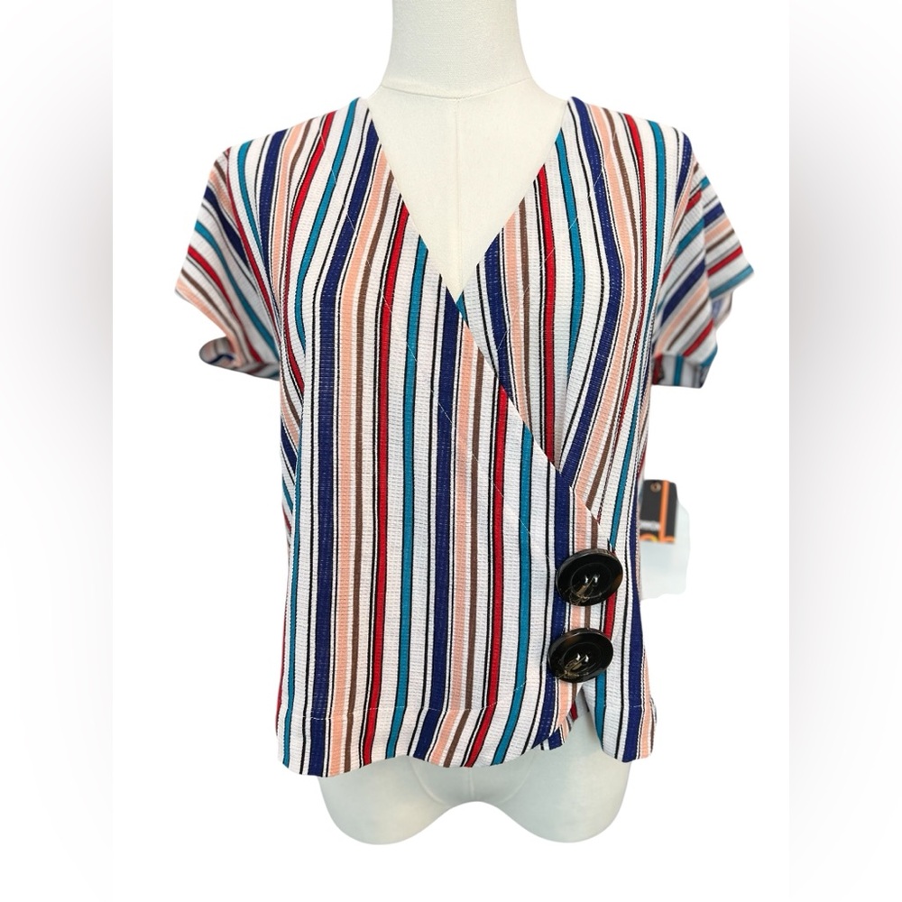 🆕 💙💜❤️ NWT UNCOMMON JOB Striped Faux Wrap V-Neck Blouse | Women’s Sz M